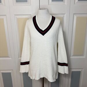 Cabi 5639 Ace Pullover White V Neck Tennis Sweater Navy Red Detail Size S